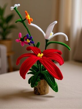 Handcrafted Red & White Felt Flower Arrangement - Decorative Home Accent